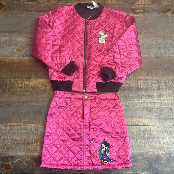 Vintage 90’s Disney Store Minnie Girls pink quilted jacket and skirt set